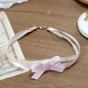 粉色x暗金蕾丝锁骨链项链项圈choker颈饰蝴蝶结双层叠戴少女甜妹