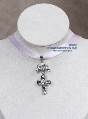 冰粉色独特miu系复古日系锁骨链项链蝴蝶结十字架少女甜心choker
