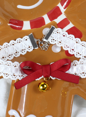 圣诞酒红色蕾丝蝴蝶结铃铛锁骨链项链choker颈饰脖子小众可爱搭配