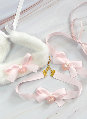 少女粉色爱心形蝴蝶结毛绒脖圈项链锁骨链日系可爱女m软妹choker