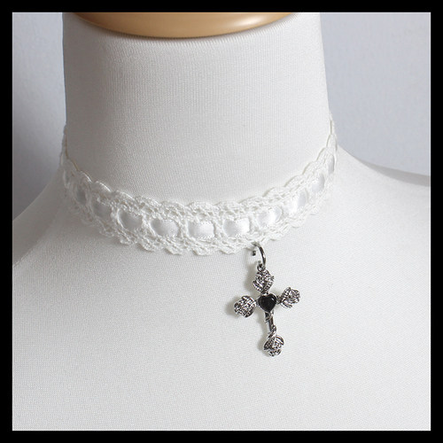 十字架中古复古修女黑色白粉蓝项链锁骨链颈饰项圈蕾丝花边choker