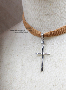 灯芯绒十字架废土风锁骨链项链choker简约百搭秋冬毛衣链新款辣妹