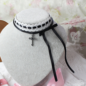 黑白十字架双层叠戴蕾丝项链choker项圈锁骨链修女少女甜妹蝴蝶结