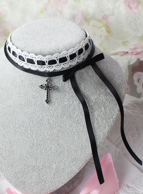 黑白十字架双层叠戴蕾丝项链choker项圈锁骨链修女少女甜妹蝴蝶结