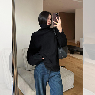 韩系复古黑色高领厚毛衣女秋冬高级感宽松内搭打底针织衫外穿上衣