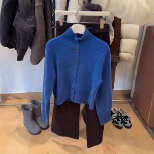 欧货克莱因蓝高领毛衣外套女秋冬慵懒高级感宽松针织开衫立领上衣