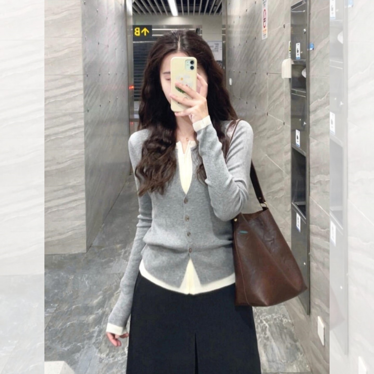 灰色假两件针织拉链开衫女秋冬轻熟老钱风修身毛衣外套内搭短上衣