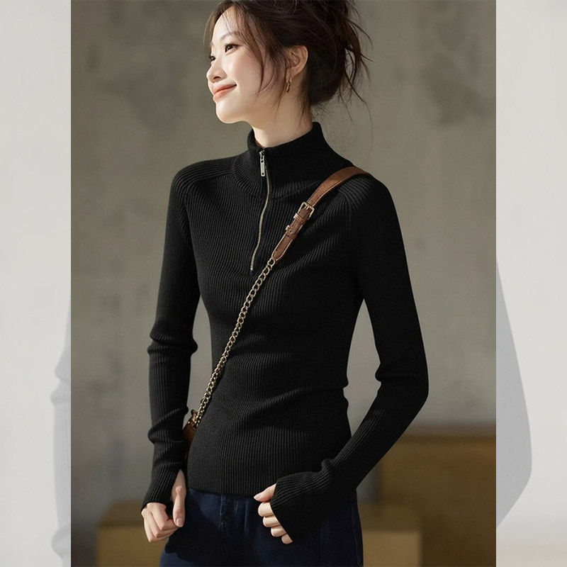 黑色半拉链立领套头针织衫女秋冬高级感修身内搭打底毛衣气质上衣
