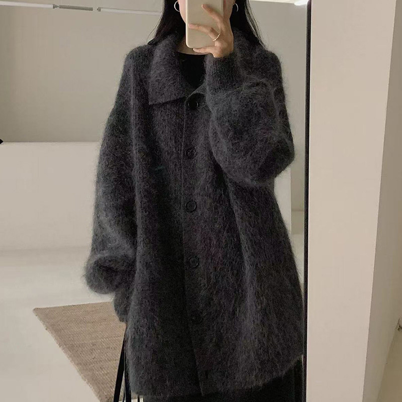 欧货灰色中长款翻领毛衣外套女秋冬外搭慵懒风针织大衣开衫上衣厚
