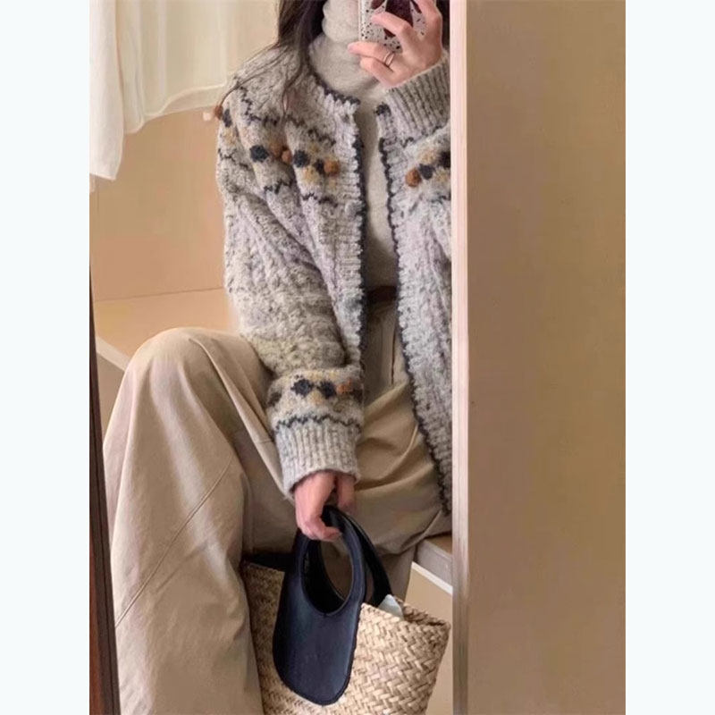 费尔岛古着灰色浣熊绒毛衣外套女