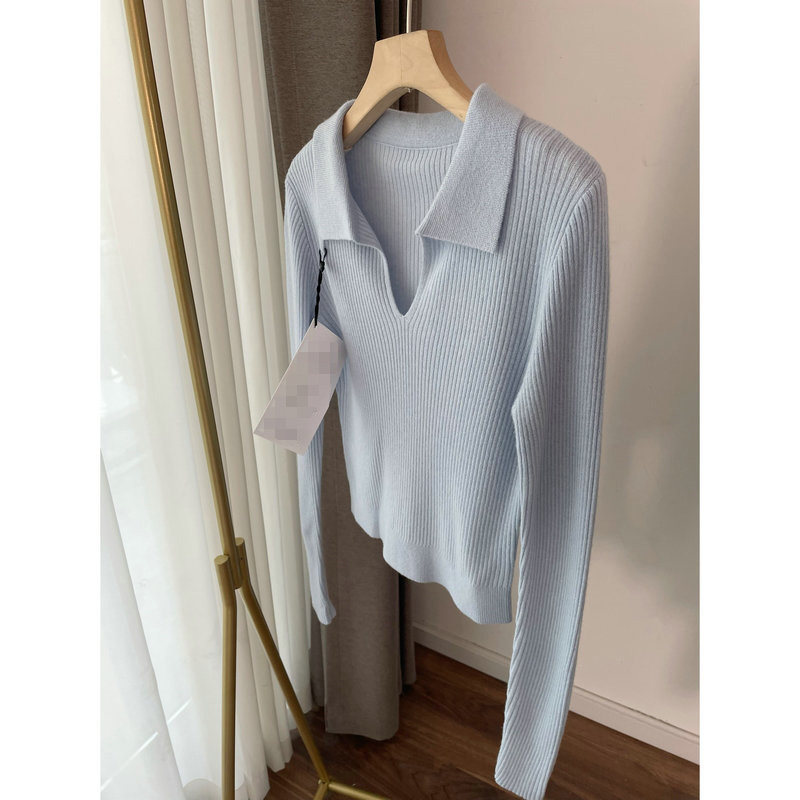 秋季温柔风雾蓝色V领针织衫女修身显瘦POLO衫百搭套头短款bm上衣