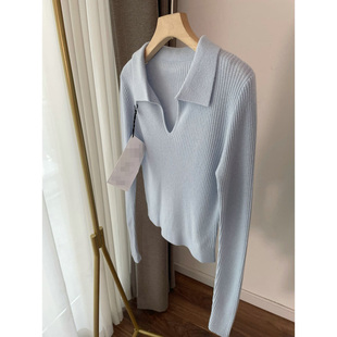 百搭套头短款 秋季 显瘦POLO衫 女修身 bm上衣 温柔风雾蓝色V领针织衫