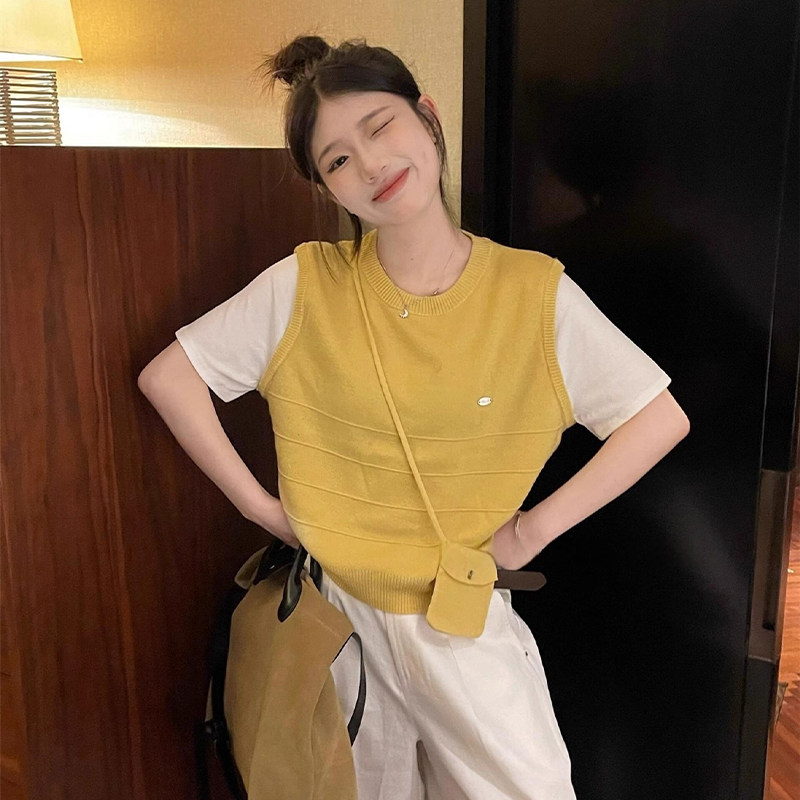 韩系黄色假两件短袖t恤女夏季穿搭今年流行正肩宽松撞色针织上衣
