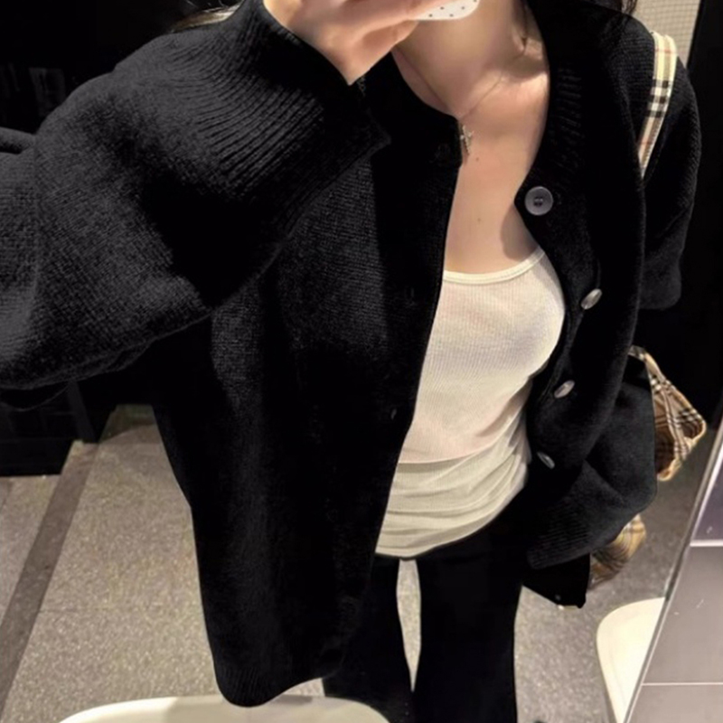 韩系黑色高级感针织开衫女秋冬季老钱风慵懒宽松软糯毛衣外套上衣