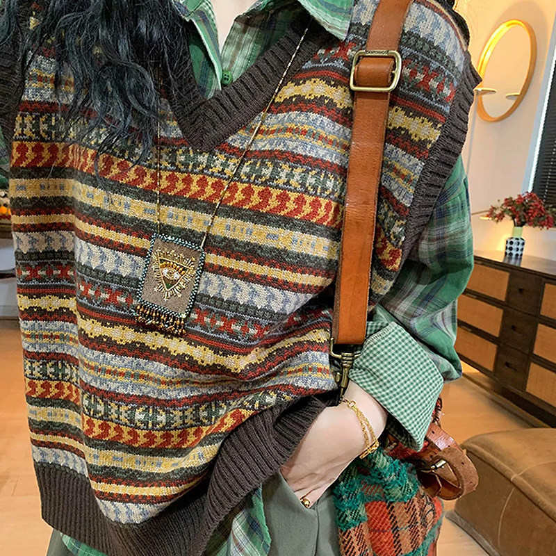 费尔岛v领针织马甲背心无袖毛衣