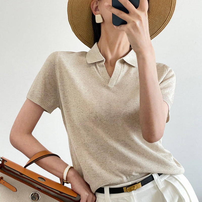 老钱风麻色针织短袖polo衫女夏季穿搭正肩宽松T恤高端小资小上衣