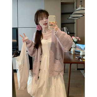 香芋紫色软糯毛衣针织开衫女2025早秋季新款宽松慵懒风中长款外套