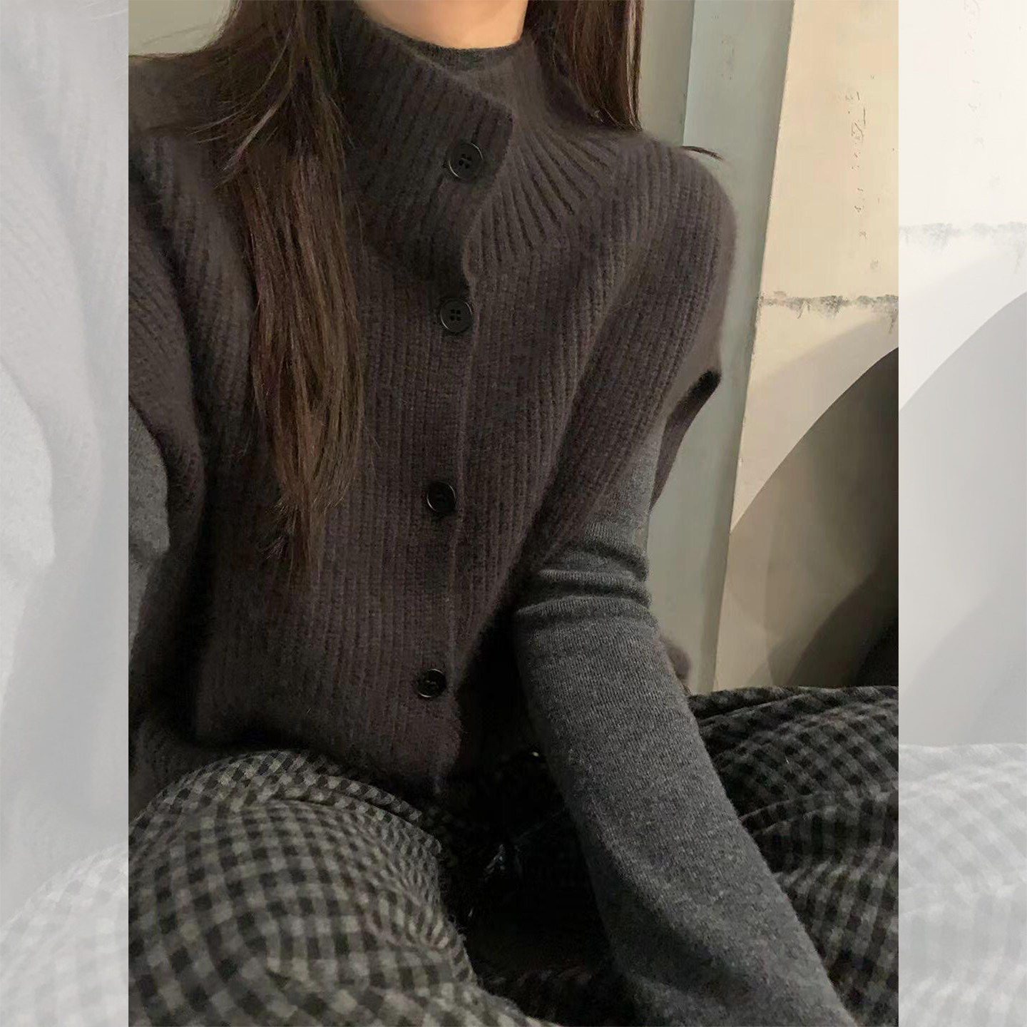 韩系高领针织马甲开衫背心女秋冬慵懒风宽松叠穿无袖毛衣外套上衣