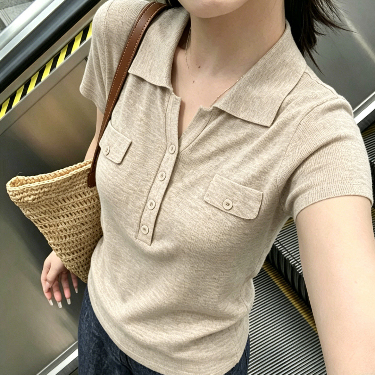 老钱风针织短袖polo衫女夏季淡人高知穿搭正肩气质修身v领t恤上衣