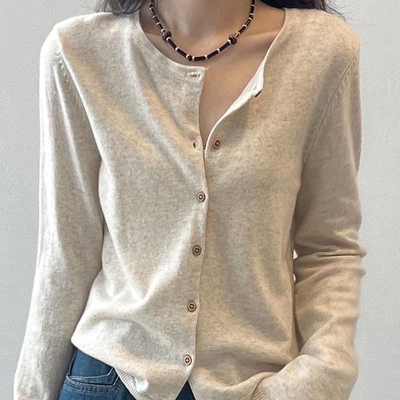 杏色薄款针织开衫女早春季chic穿搭独特漂亮内搭罩衫外套长袖上衣