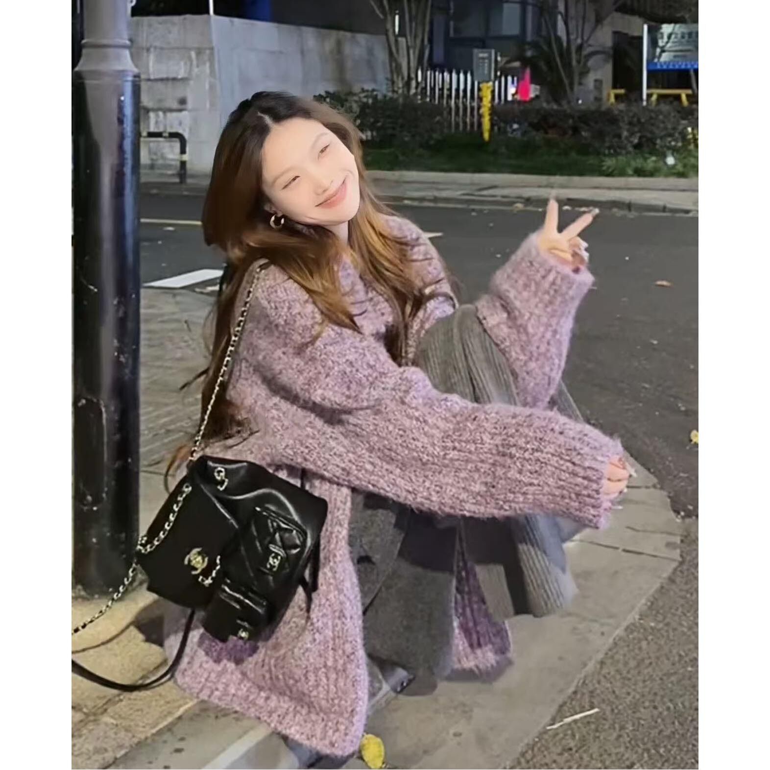 老钱风紫色高领厚毛衣外套女秋冬慵懒高级感穿搭宽松针织开衫上衣