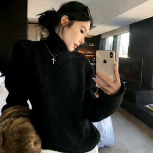 韩系黑色高领毛衣加厚女秋冬慵懒高级感可外穿内搭宽松针织衫上衣