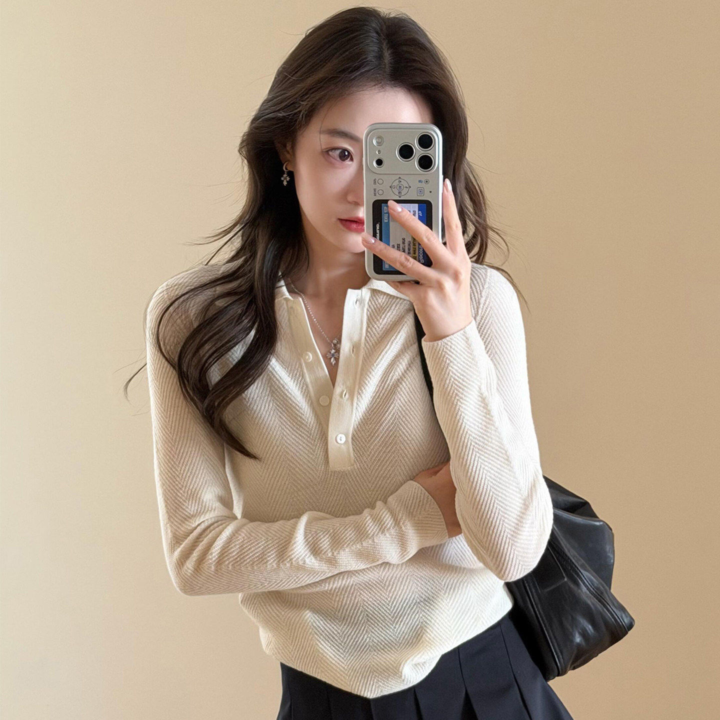 老钱风白色针织polo衫女春季穿搭高级感气质修身内搭长袖t恤上衣