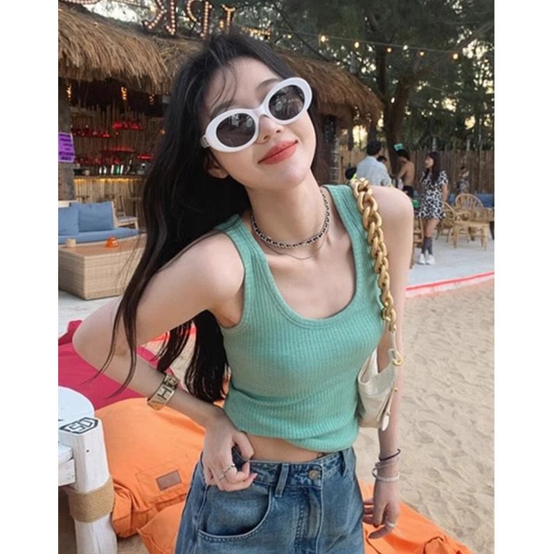 绿色u领冰丝针织吊带背心女夏季外穿遮副乳泰式美背短款无袖上衣