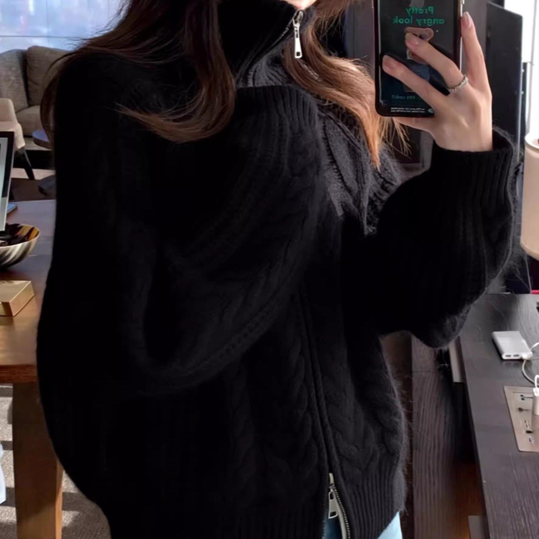 黑色拉链麻花高领毛衣外套女秋冬慵懒高级感宽松加厚针织开衫上衣