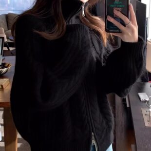 黑色拉链麻花高领毛衣外套女秋冬慵懒高级感宽松加厚针织开衫上衣