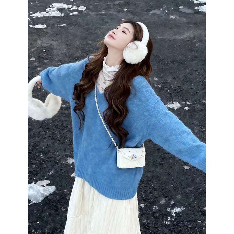 韩系温柔v领蓝色毛衣女秋冬可外穿内搭宽松软糯针织衫巨好看上衣