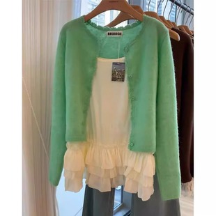 韩版苹果绿色针织开衫女春季多巴胺宽松短款披肩罩衫外套薄款上衣