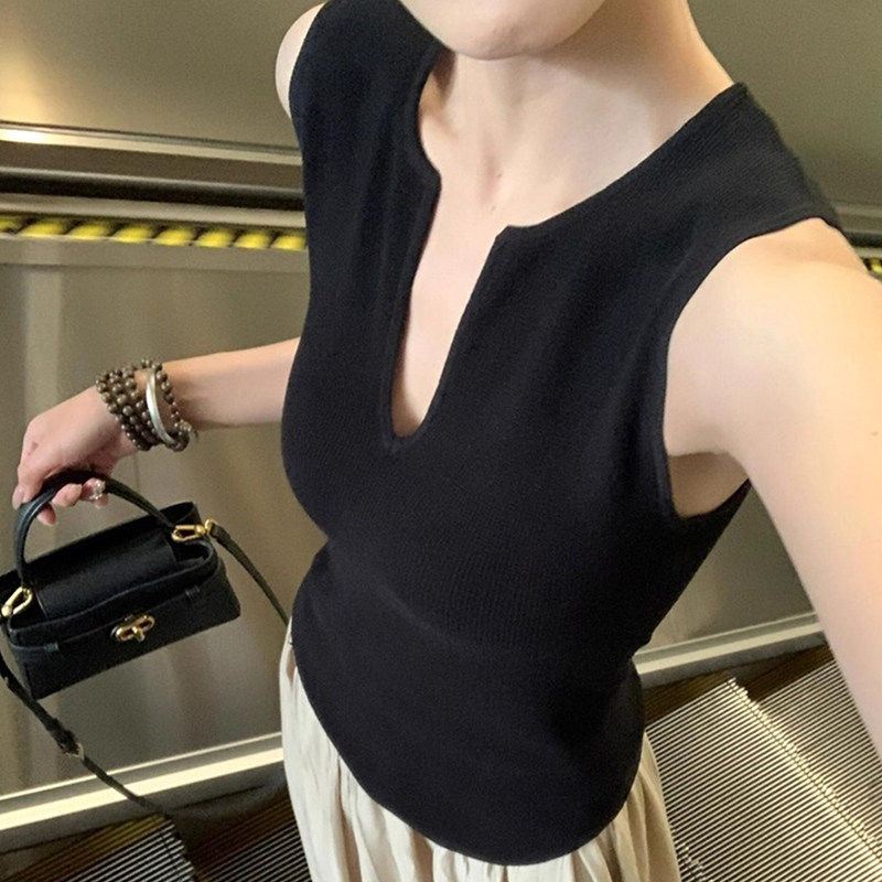 法式黑色v领针织吊带背心女夏季外穿气质修身高端小资无袖小上衣