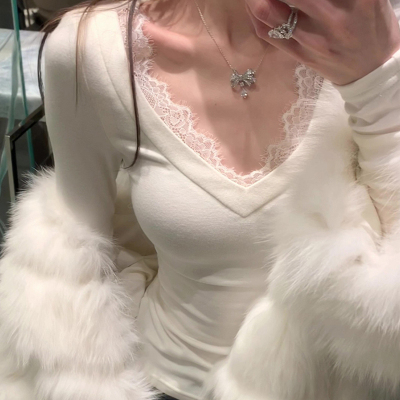 纯欲大领口蕾丝边打底衫长袖t恤