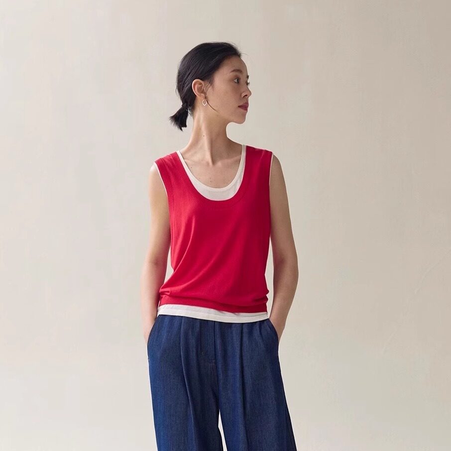 红色假两件u领针织吊带背心女夏季外穿老钱风冰丝宽松无袖短上衣