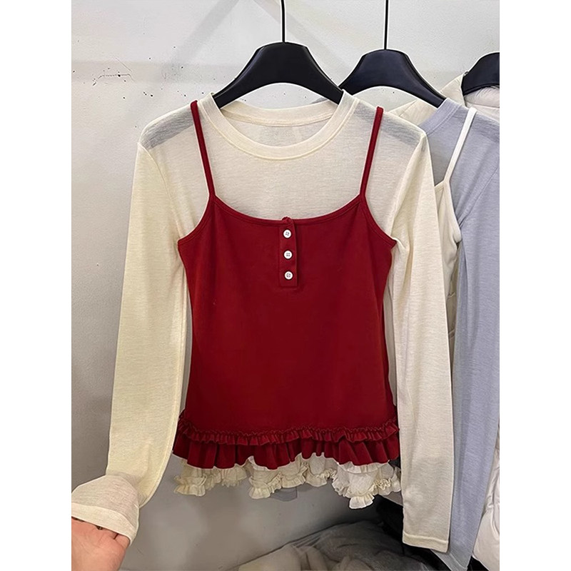 韩系甜辣两件套打底衫女早春吊带背心叠穿花边长袖T恤撞色上衣薄