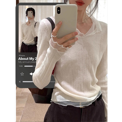 绝美巨好看v领蕾丝针织打底上衣