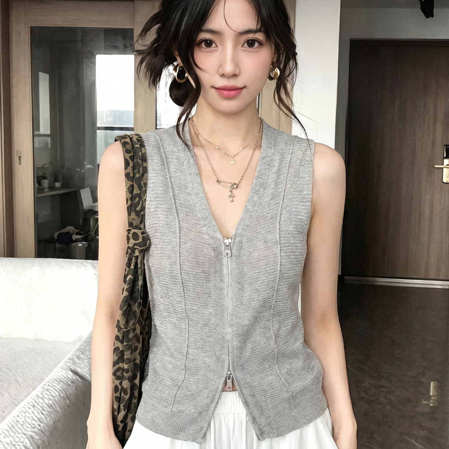 老钱风拉链v领针织衫马甲背心女