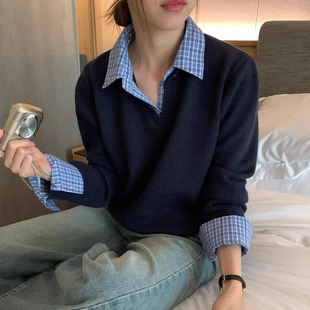 韩系藏青色假两件polo领毛衣女秋冬miu系穿搭宽松针织衫内搭上衣