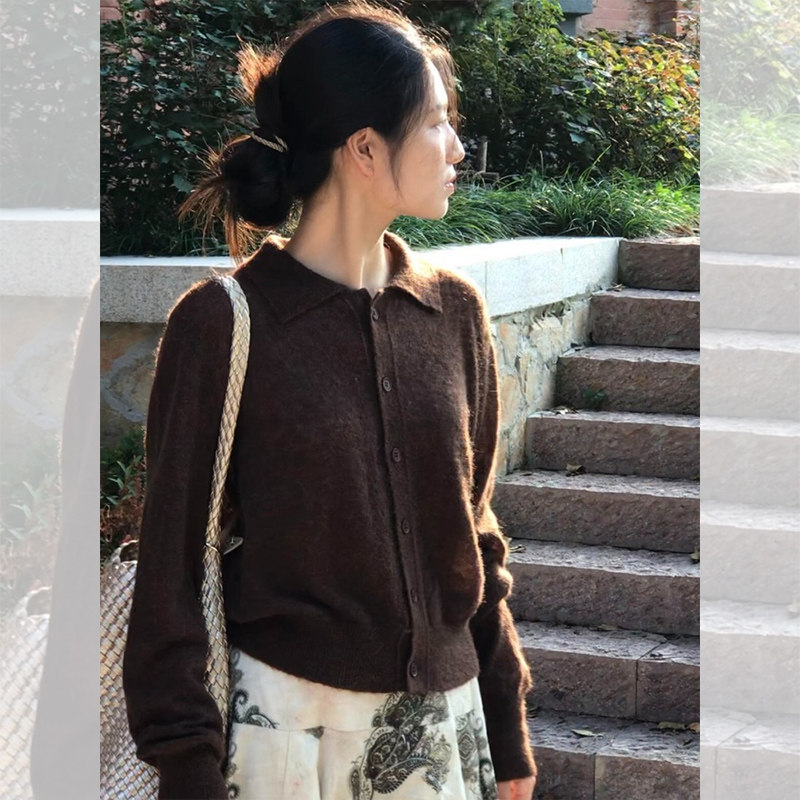 老钱风翻领毛衣外套软糯针织开衫