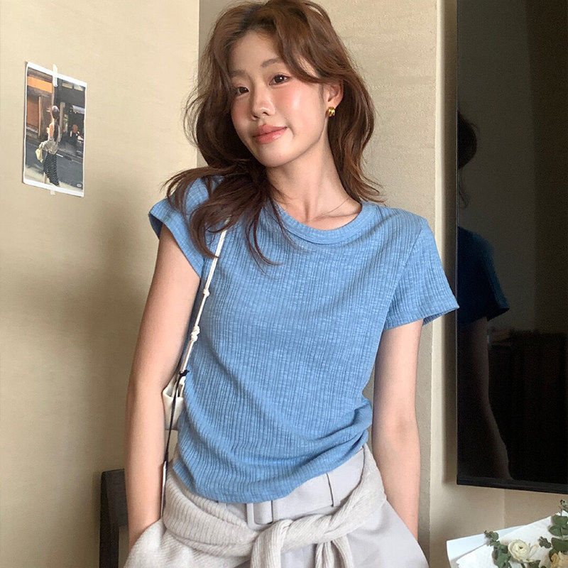 蓝色正肩小飞袖冰丝短袖T恤女夏