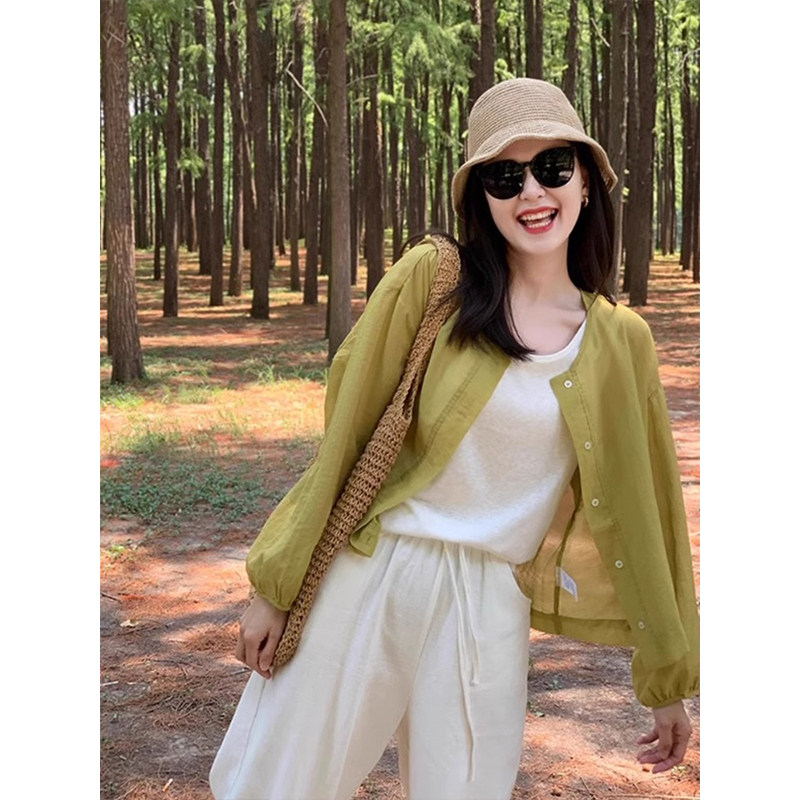 法式黄色棉麻长袖衬衫女夏季冰丝防晒衬衣罩衫外套短款叠穿上衣薄