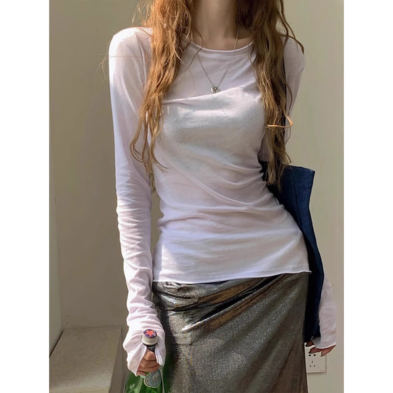 修身正肩微透白色长袖T恤女防晒罩衫春秋季薄款打底衫内搭上衣夏