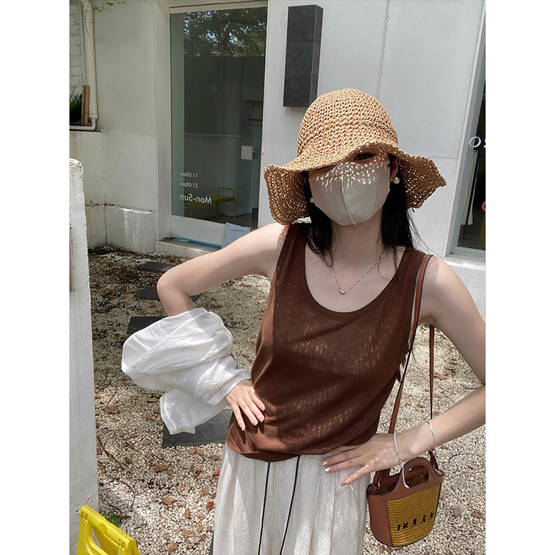 咖色u领针织小吊带背心女夏季泰式内搭休闲宽松冰丝薄款无袖上衣