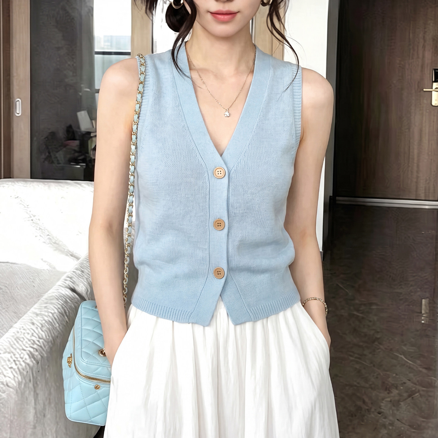 老钱风蓝色v领针织马甲背心女夏