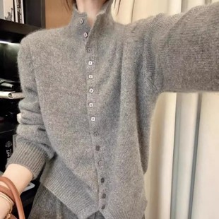 韩系灰色高领毛衣外套女秋冬高级感宽松软糯针织开衫内搭立领上衣