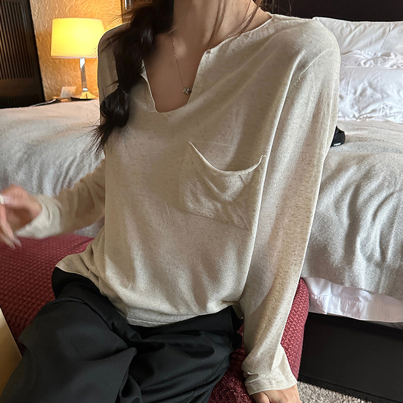 早春杏色v领长袖t恤女老钱风松弛感休闲宽松薄款针织罩衫内搭上衣