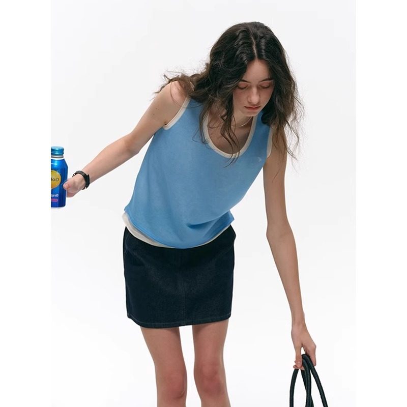 蓝色假两件亚麻吊带背心女夏季多巴胺设计感薄款冰丝无袖外穿上衣