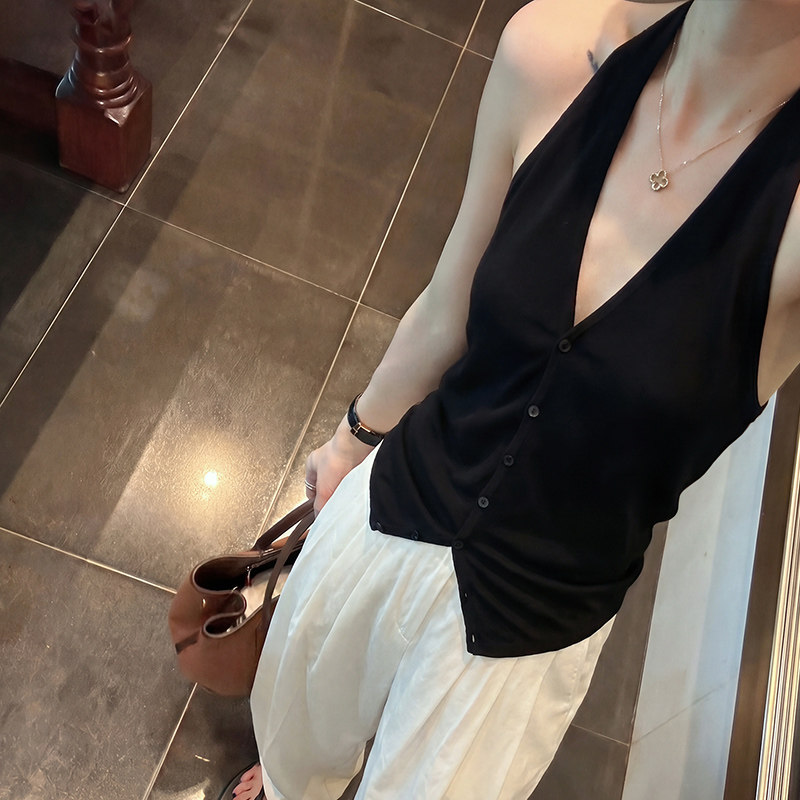 挂脖针织吊带背心露美背无袖上衣