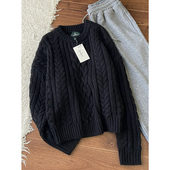 日系复古黑色圆领麻花毛衣女秋冬高级感外穿宽松针织衫 内搭上衣厚